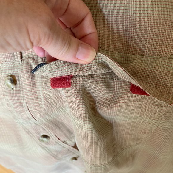 The North Face Sz L Mens Tan Plaid Zip Pocket Short Sleeve Bottom Down Shirt - Picture 5 of 8